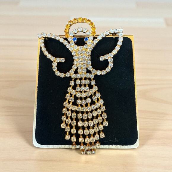 Vintage Angle Shaped Waterfall Dangle Fringe Rhinestones Brooch Pin Gold Toned - Picture 8 of 8